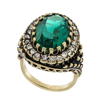 Vintage Ring Emerald and Clear Crystal Ring Edwardian Style 18k Gold Ring R169 - Limited Stock - Never Worn