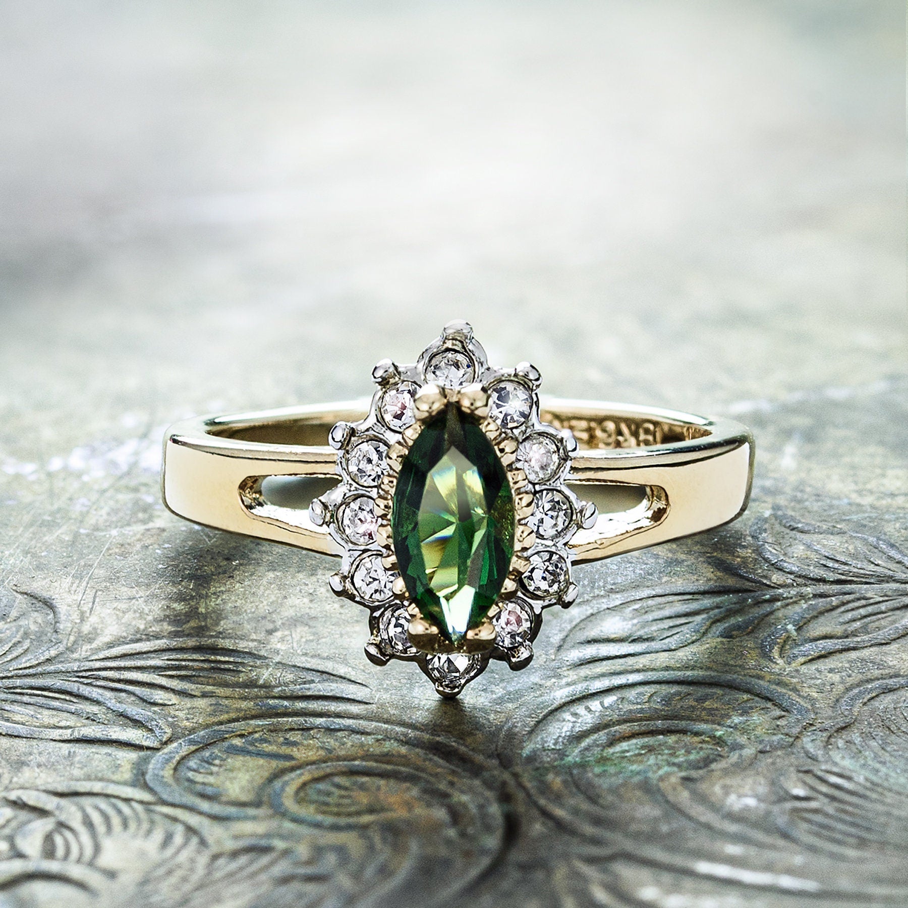 Vintage Ring Green Tourmaline and Clear Swarovski Crystals 18kt Gold #R1314 - Limited Stock - Never Worn