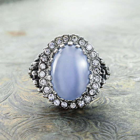 Genuine Blue Vintage Ring Moonstone Edwardian Style Antique 18k White Gold Clear Crystals Womans Jewelry R169 - Limited Stock - Never Worn