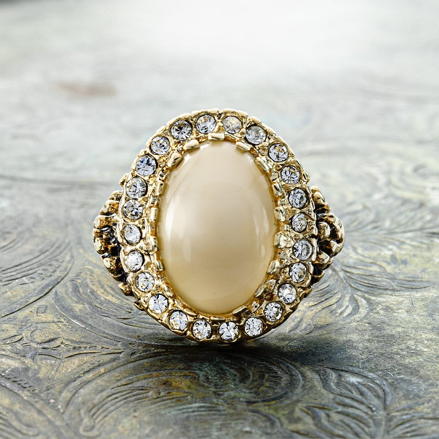 Vintage Ring Genuine Beige Moonstone and Clear Crystal Ring Edwardian Style Antique 18k Gold Ring Womans R169 - Limited Stock - Never Worn