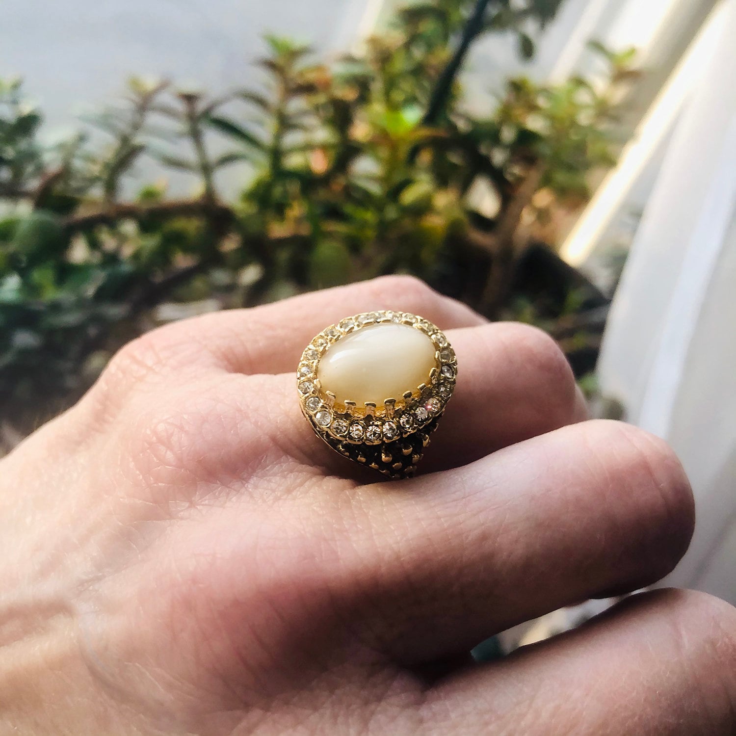 Vintage Ring Genuine Beige Moonstone and Clear Crystal Ring Edwardian Style Antique 18k Gold Ring Womans R169 - Limited Stock - Never Worn