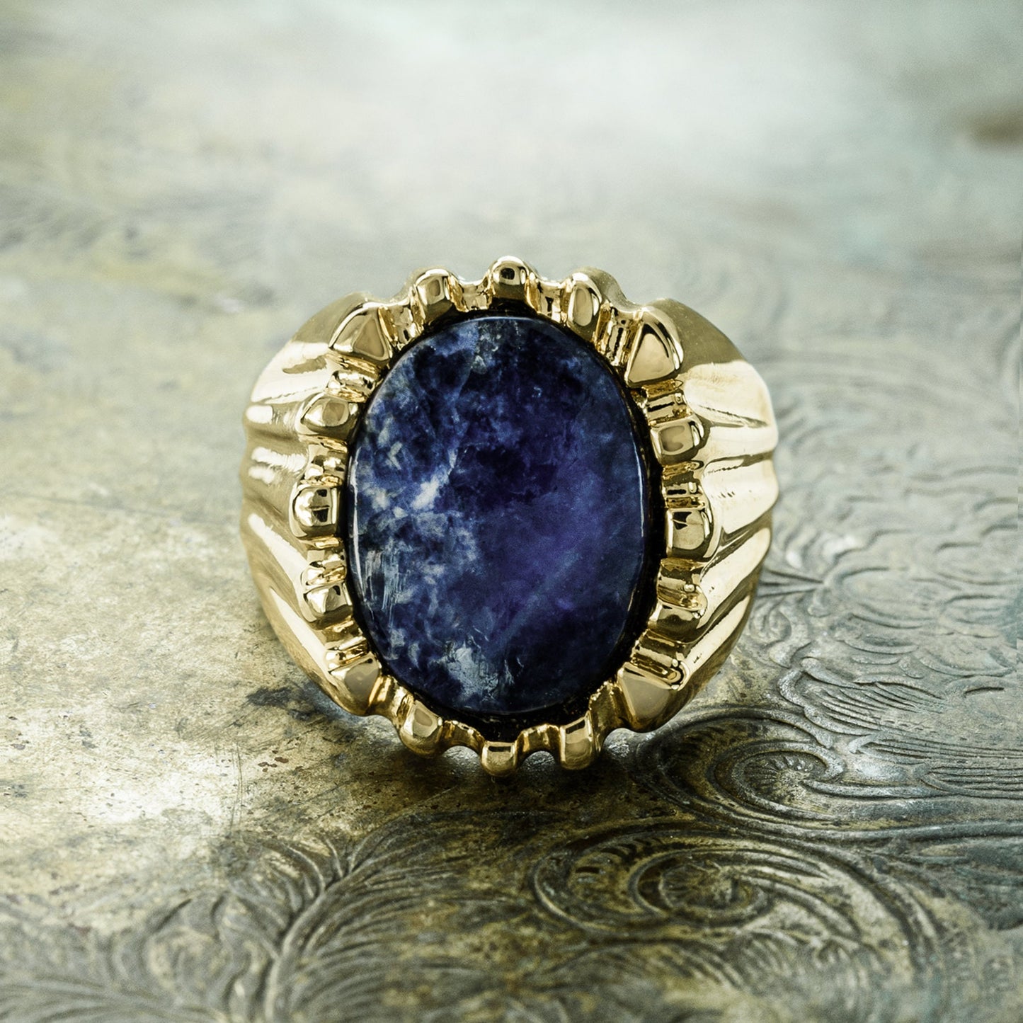 Vintage Ring 1980s Mens Genuine Sodalite 18kt Gold Plated Ring Unisex Jewelry #R1960