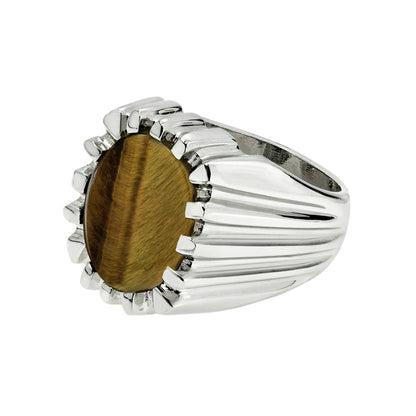 Vintage Ring 1980s Mens Genuine Tiger Eye 18kt White Gold Silver Plated Ring Antique Mens Jewelry #R1960 - Limited Stock - Never Worn