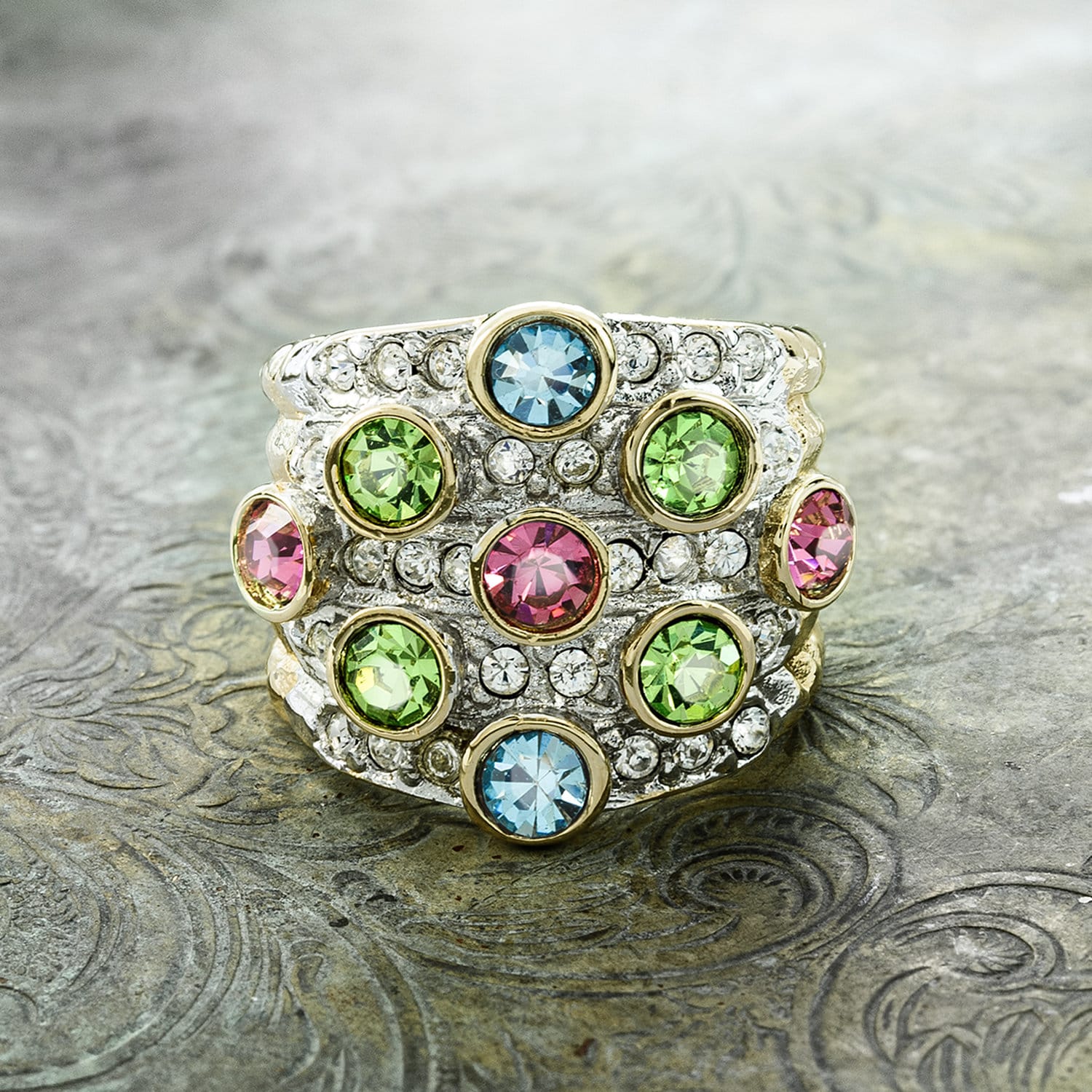 Vintage Ring Pave Pastel Multi Color Crystals Clear Swarovski Crystal Ring 18k Gold Antique Womans Jewelry - Limited Stock - Never Worn
