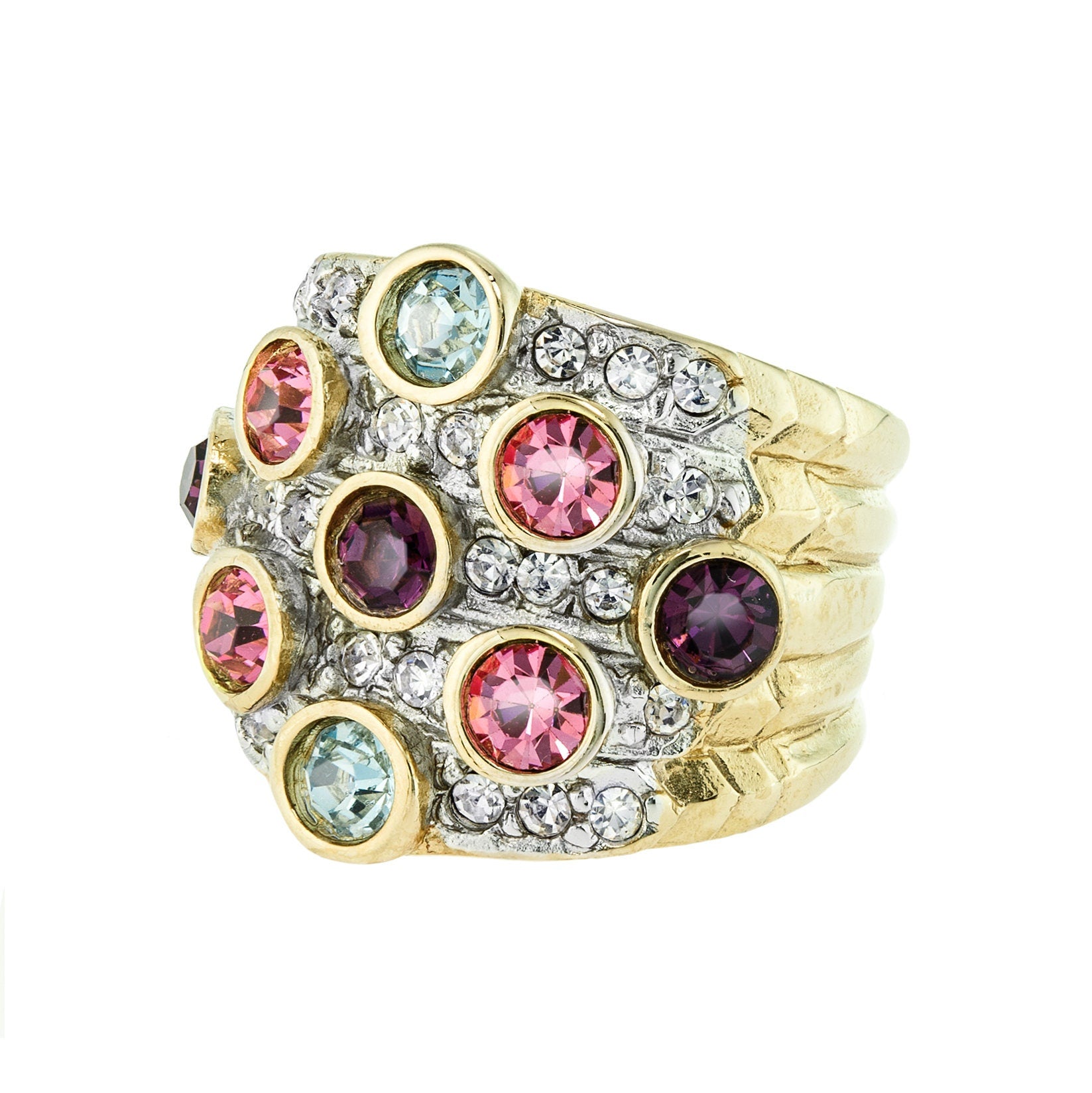 Vintage Ring Pave Multi Color Crystals and Clear Swarovski Crystal Ring 18k Gold - Limited Stock - Never Worn