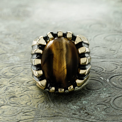 Vintage Ring 1980s Mens Genuine Cabochon Tiger Eye 18kt Gold Plated Ring Antique Man Jewelry #R1960 - Limited Stock - Never Worn