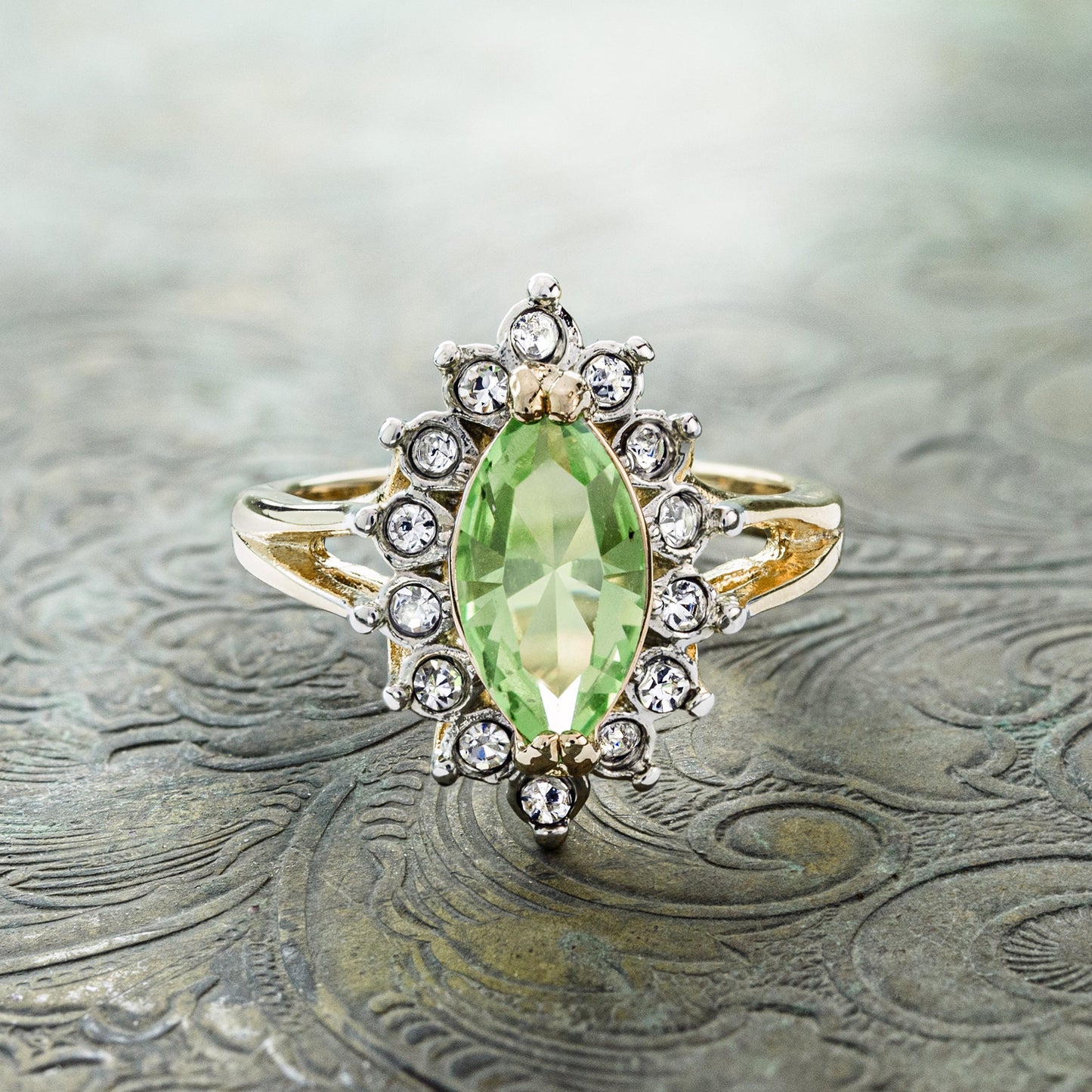 Vintage Ring Peridot and Clear Swarovski Crystals 18k Gold Plated August Birthstone #R1891 - Limited Stock - Never Worn