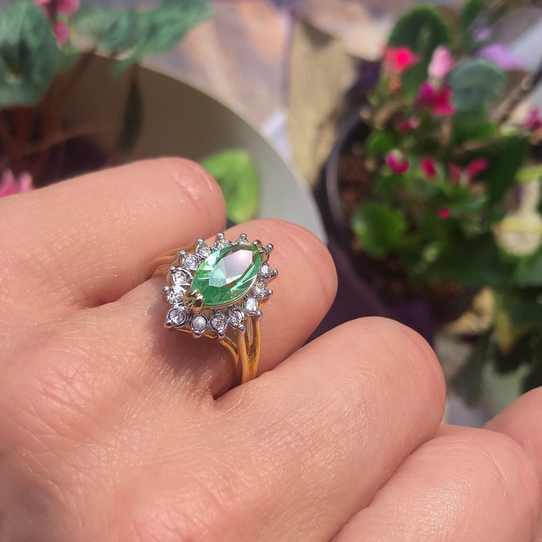 Vintage Ring Peridot and Clear Swarovski Crystals 18k Gold Plated August Birthstone #R1891 - Limited Stock - Never Worn