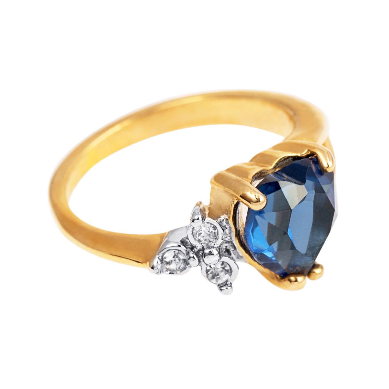 Vintage Ring Sapphire Cubic Zirconia and Clear Swarovski Crystals 18kt Gold Antique Womans Jewelry Heart Promise Rings #R1936-SY