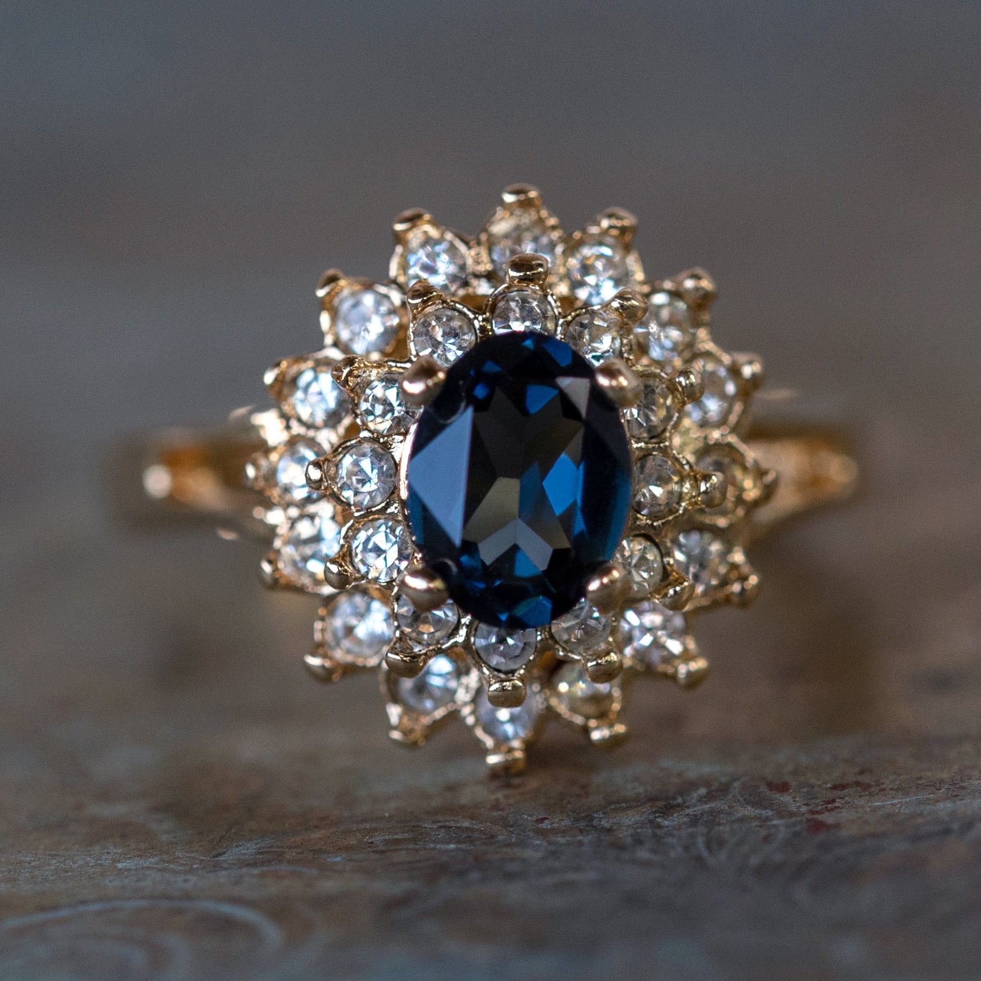 Vintage Ring 1970s Sapphire and Clear Swarovski Crystals 18k Gold Ring Womans Jewelry #R1352 - Limited Stock - Never Worn