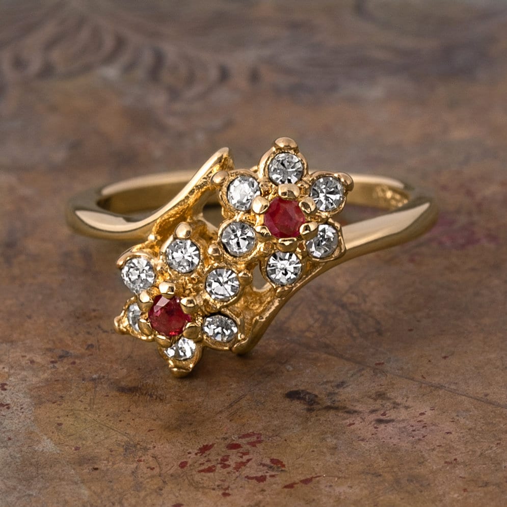 Vintage Ring 1970s Star Cluster Genuine Ruby Ring Clear Crystals July Birthstone Antique Womans Jewelry #R874 Size: 5