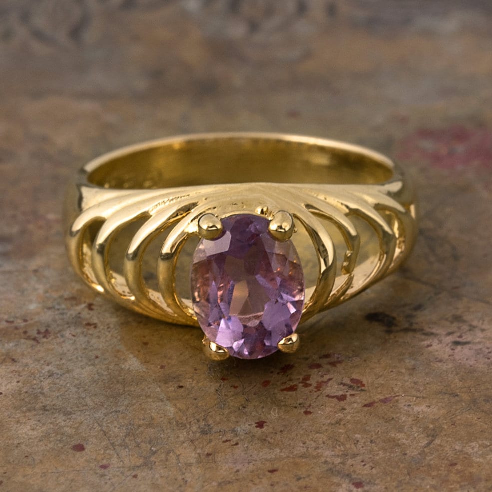 Vintage Ring Genuine Amethyst and Clear Swarovski Crystals 18kt Gold Plated R690