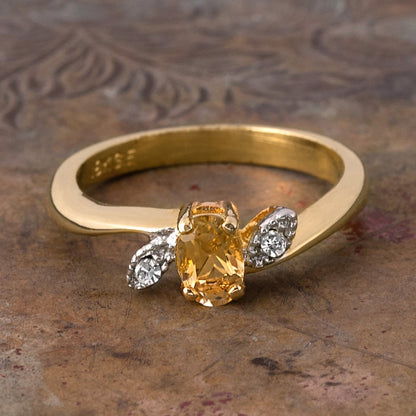 Vintage Ring Genuine Citrine and Clear Swarovski Crystals 18kt Gold Plated Antique Womans Jewlery Dainty R1705 Size: 5