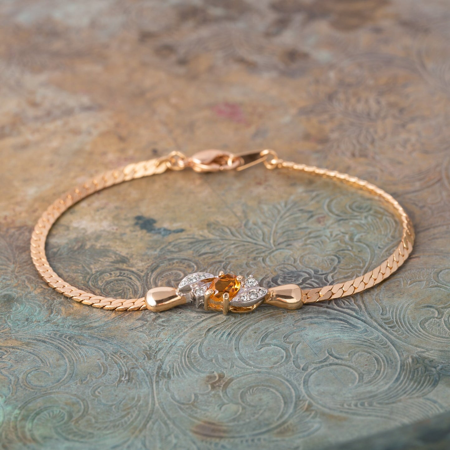 Vintage Ring Bracelet Light Topaz and Clear Swarovski Crystal 18kt Gold Plated Bracelet B1308