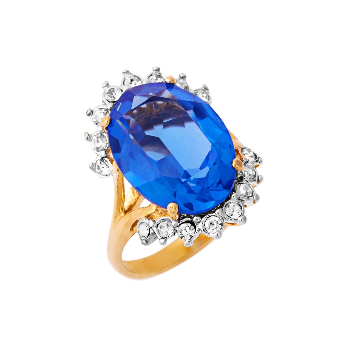 Vintage Ring Blue Topaz and Clear Swarovski Crystal Ring 18k Gold  R1909 - Limited Stock - Never Worn