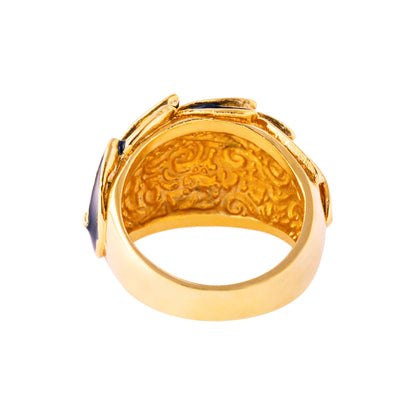 Vintage Ring 1970s Deep Blue Enamel Leaf Motif 18k Gold Ring #R1933 - Limited Stock - Never Worn