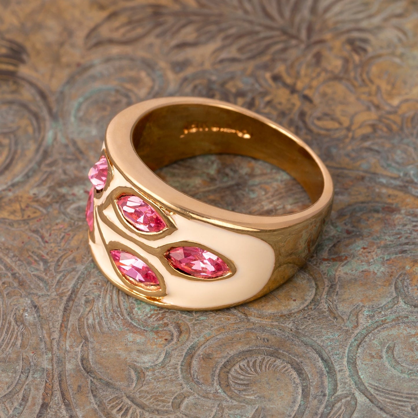 Vintage Ring 1980s White Enamel Ring with Pink Crystal Leaf Motif 18k Gold Plated Antique Womans Jewelry #R3043 - Limited Stock - Never Worn