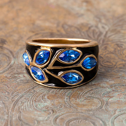 Vintage Ring 1980s Black Enamel Ring with Blue Swarovski Crystals Leaf Motif 18k Gold Plated Antique #R3043 - Limited Stock - Never Worn