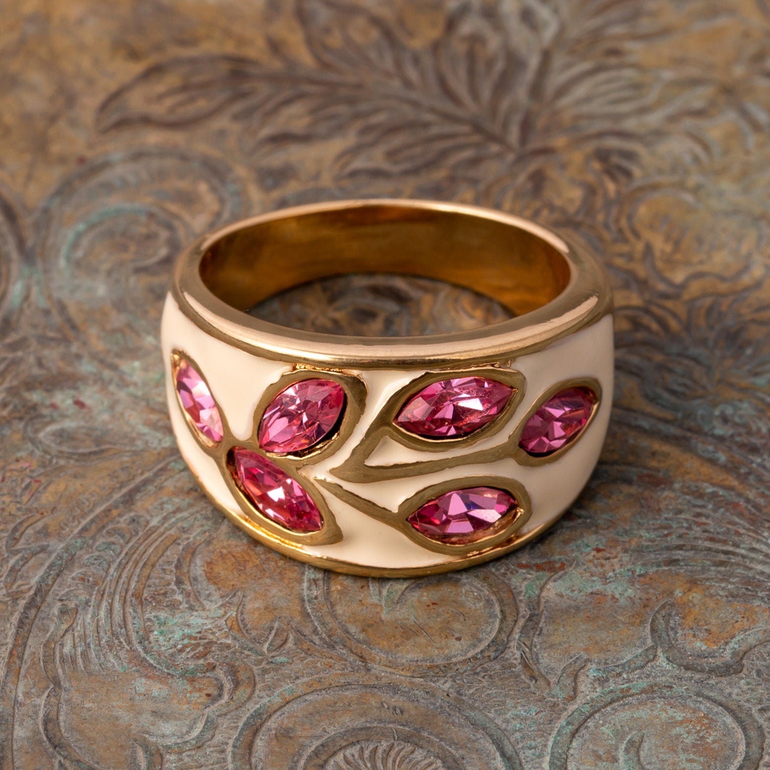 Vintage Ring 1980s White Enamel Ring with Pink Crystal Leaf Motif 18k Gold Plated Antique Womans Jewelry #R3043 - Limited Stock - Never Worn