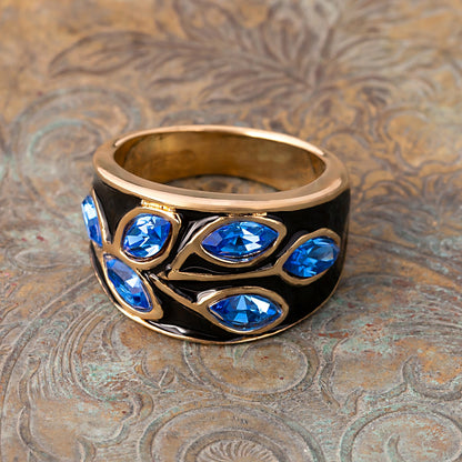 Vintage Ring 1980s Black Enamel Ring with Blue Swarovski Crystals Leaf Motif 18k Gold Plated Antique #R3043 - Limited Stock - Never Worn