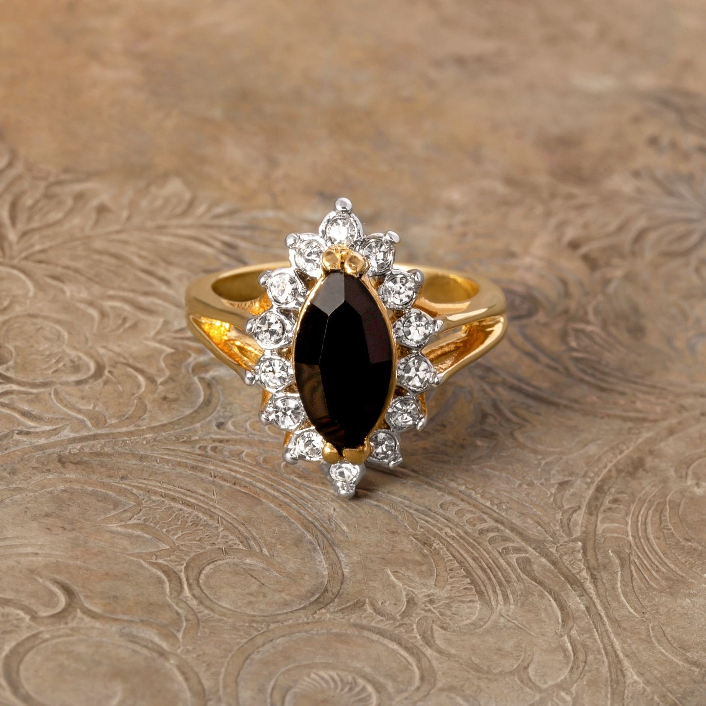Vintage Ring Smoke Topaz and Clear Swarovski Crystals 18k Gold Plated Antique Womans Jewelry Topaz #R1891