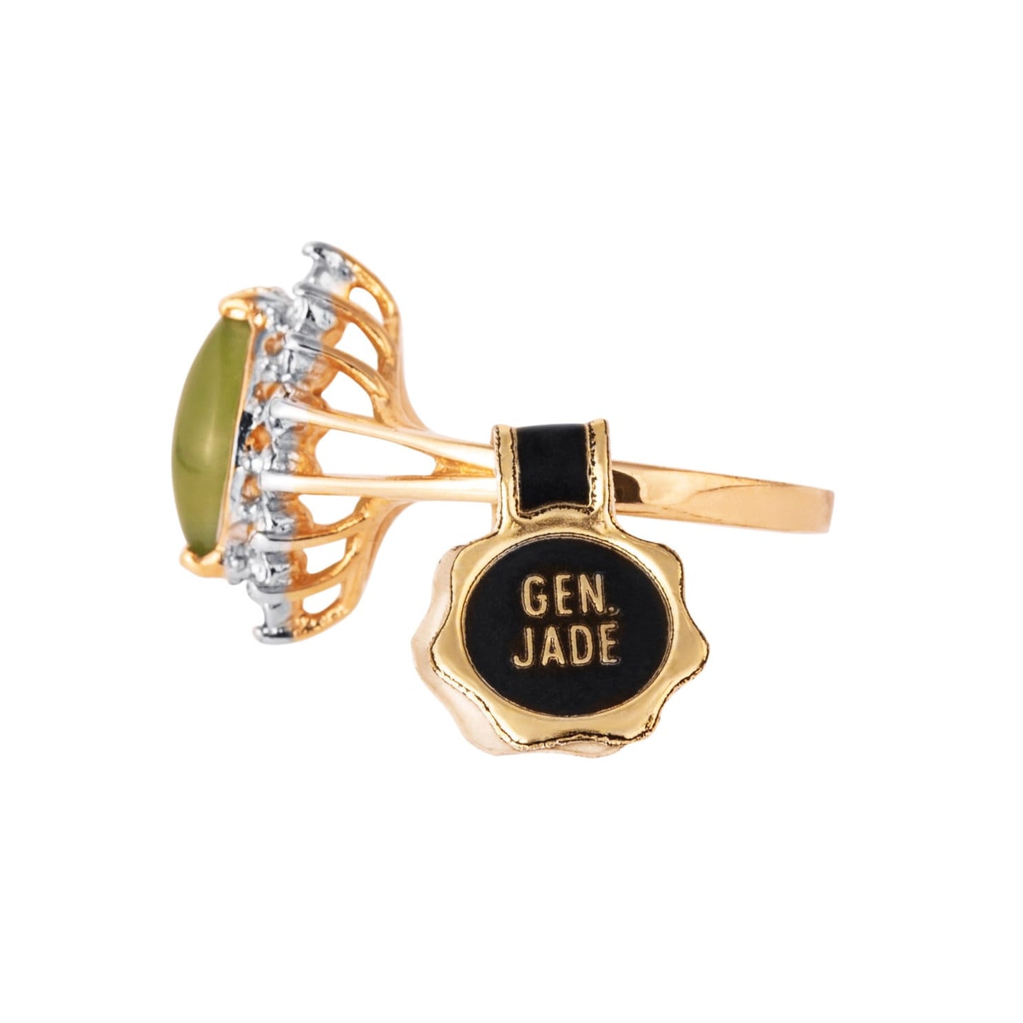Vintage Ring Genuine Jade and Clear Swarovski Crystals 18k Gold Plated August Birthstone Antique Woman #R1891 - Limited Stock - Never Worn