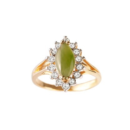 Vintage Ring Genuine Jade and Clear Swarovski Crystals 18k Gold Plated August Birthstone Antique Woman #R1891 - Limited Stock - Never Worn
