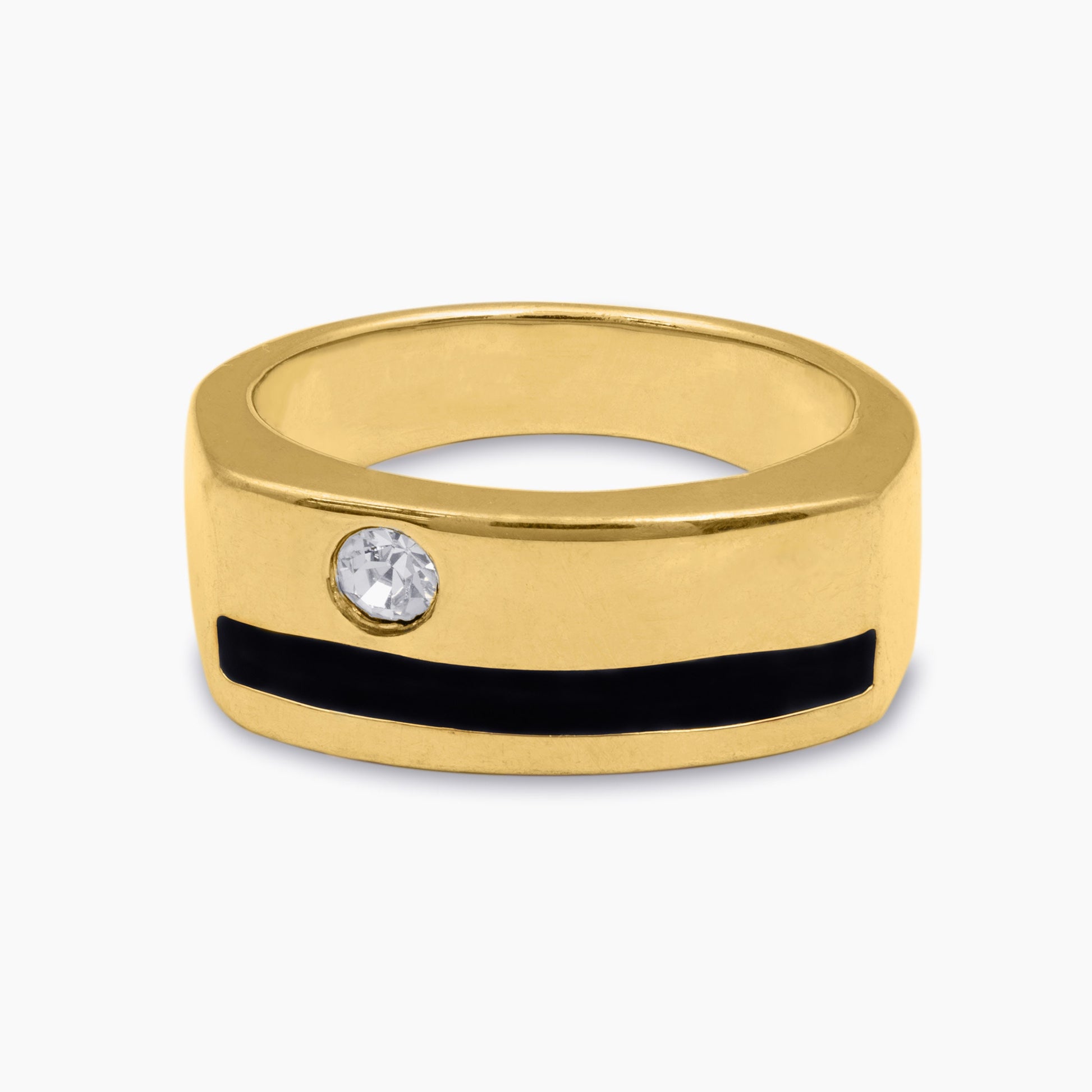 Vintage Ring 1980s Austrian Crystal with Black Enamel Detail 18kt Gold Plated Mens Signet Antique Ring #R6007