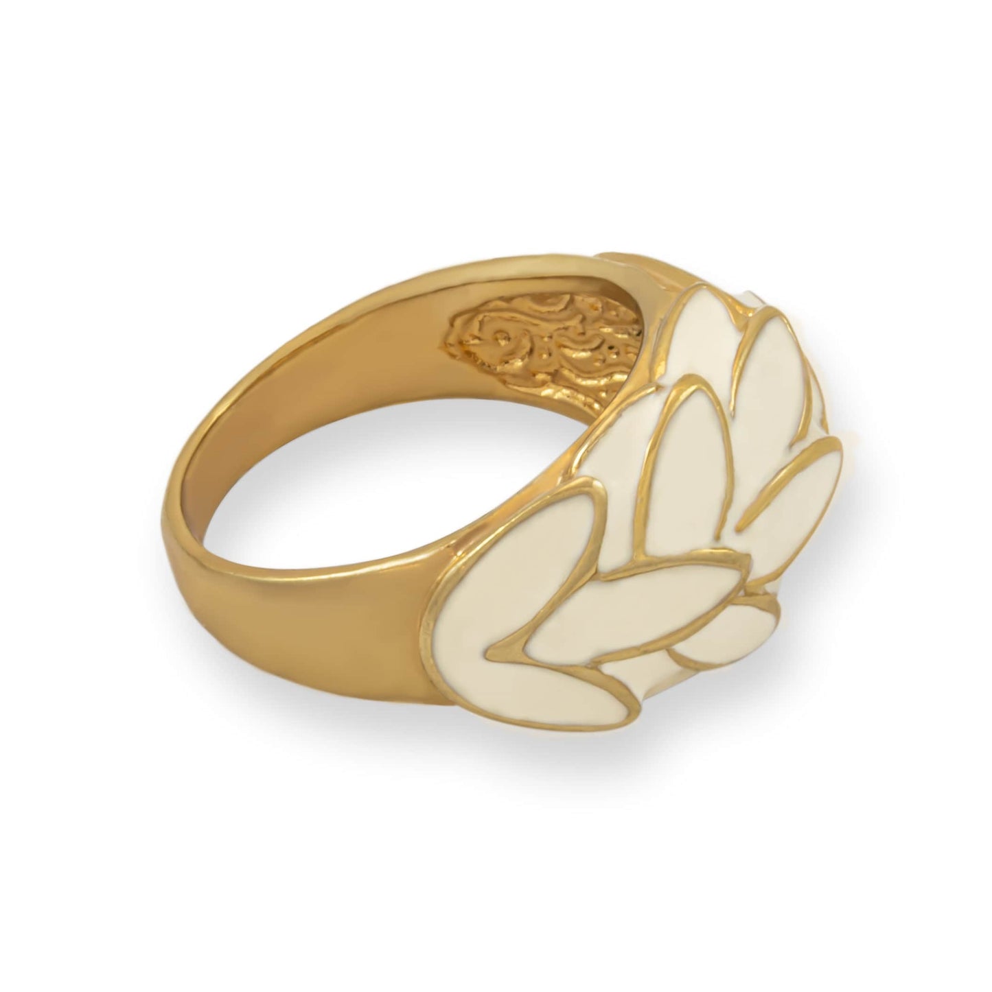 Vintage Ring 1970s White Enamel Leaf Motif 18k Gold Antique Nature Jewlery for Women #R1933 - Limited Stock - Never Worn