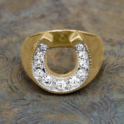 Men's Vintage Ring Equestrian Ring Horseshoe with Austrian Crystals Handcrafted 18k Gold Men Antique Jewelry R6005 Size: undefined