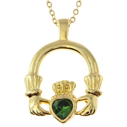 Vintage Claddagh Necklace Green Tourmaline Swarovski Heart Crystal Antique 18k Gold Made in the USA N3099
