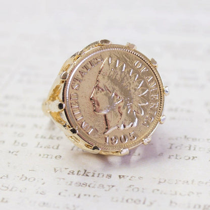 Vintage Ring Indian Head Penny Ring Antique 18k Gold Edwardian Style Handcrafted Coin Jewelry #R137