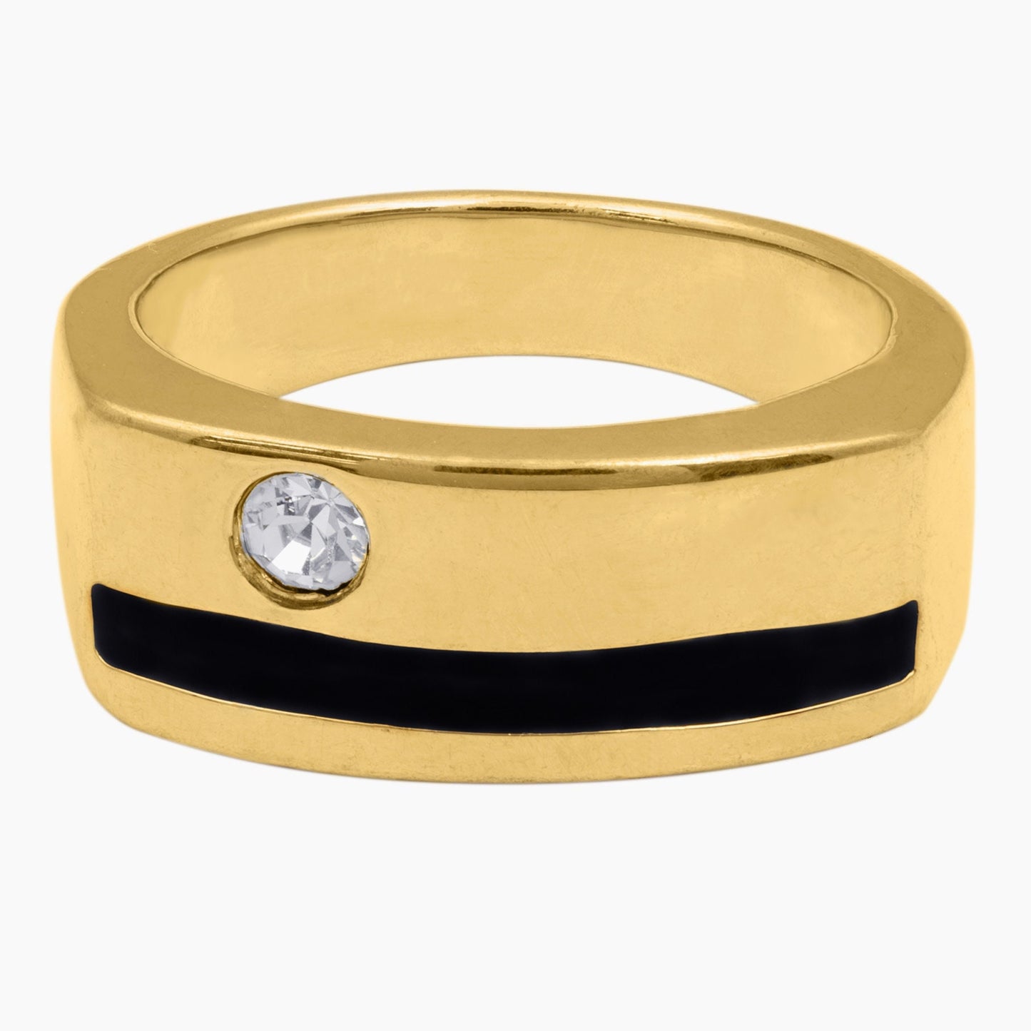 Vintage Ring 1980s Austrian Crystal with Black Enamel Detail 18kt Gold Plated Mens Signet Antique Ring #R6007 Size: undefined