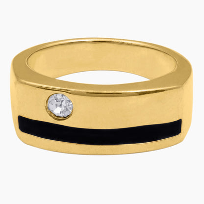 Vintage Ring 1980s Austrian Crystal with Black Enamel Detail 18kt Gold Plated Mens Signet Antique Ring #R6007 Size: undefined