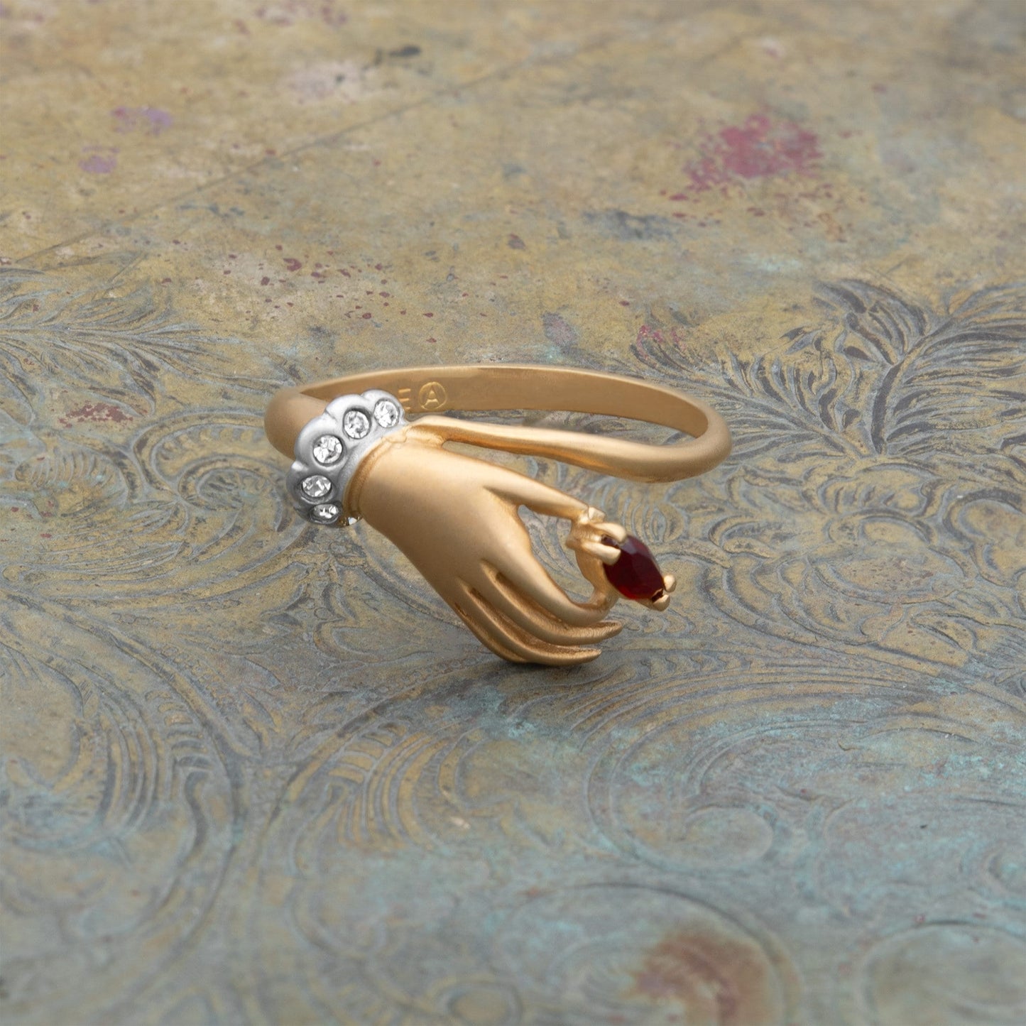 Vintage Ring Ruby and Clear Austrian Crystals 18k Gold Matte Finish #R2964 - Limited Stock - Never Worn