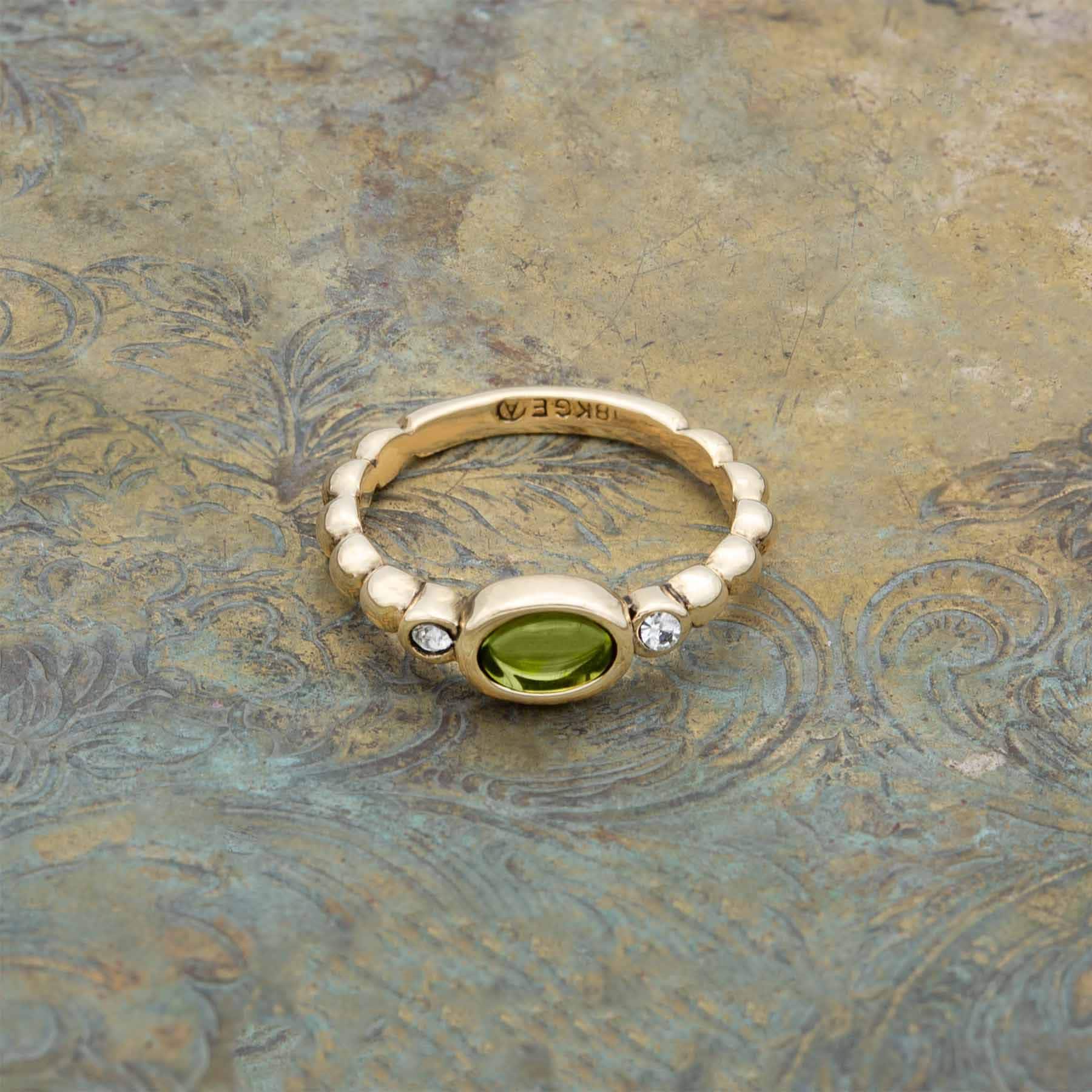 Vintage Ring Peridot Cabochon and Clear Crystal 18kt Gold Antique Womans Ring R2683 - Limited Stock - Never Worn