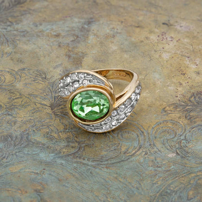 Vintage Ring 1980's Peridot Crystal Ring with Clear Crystals 18k Gold  R2444