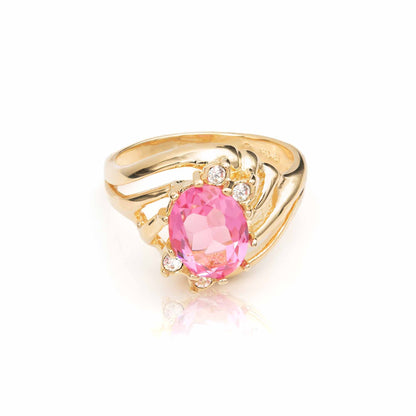 Vintage Ring Pink Tourmaline and Clear Austrian Crystals 18k Gold Antique Womans Jewelry #R1143 - Limited Stock - Never Worn