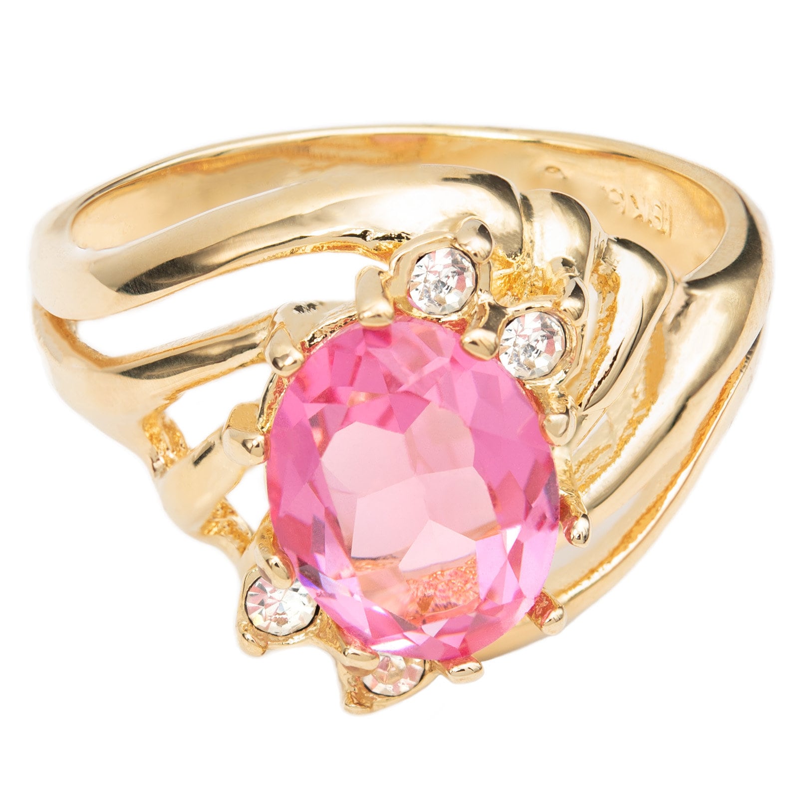 Vintage Ring Pink Tourmaline and Clear Austrian Crystals 18k Gold Antique Womans Jewelry #R1143 - Limited Stock - Never Worn