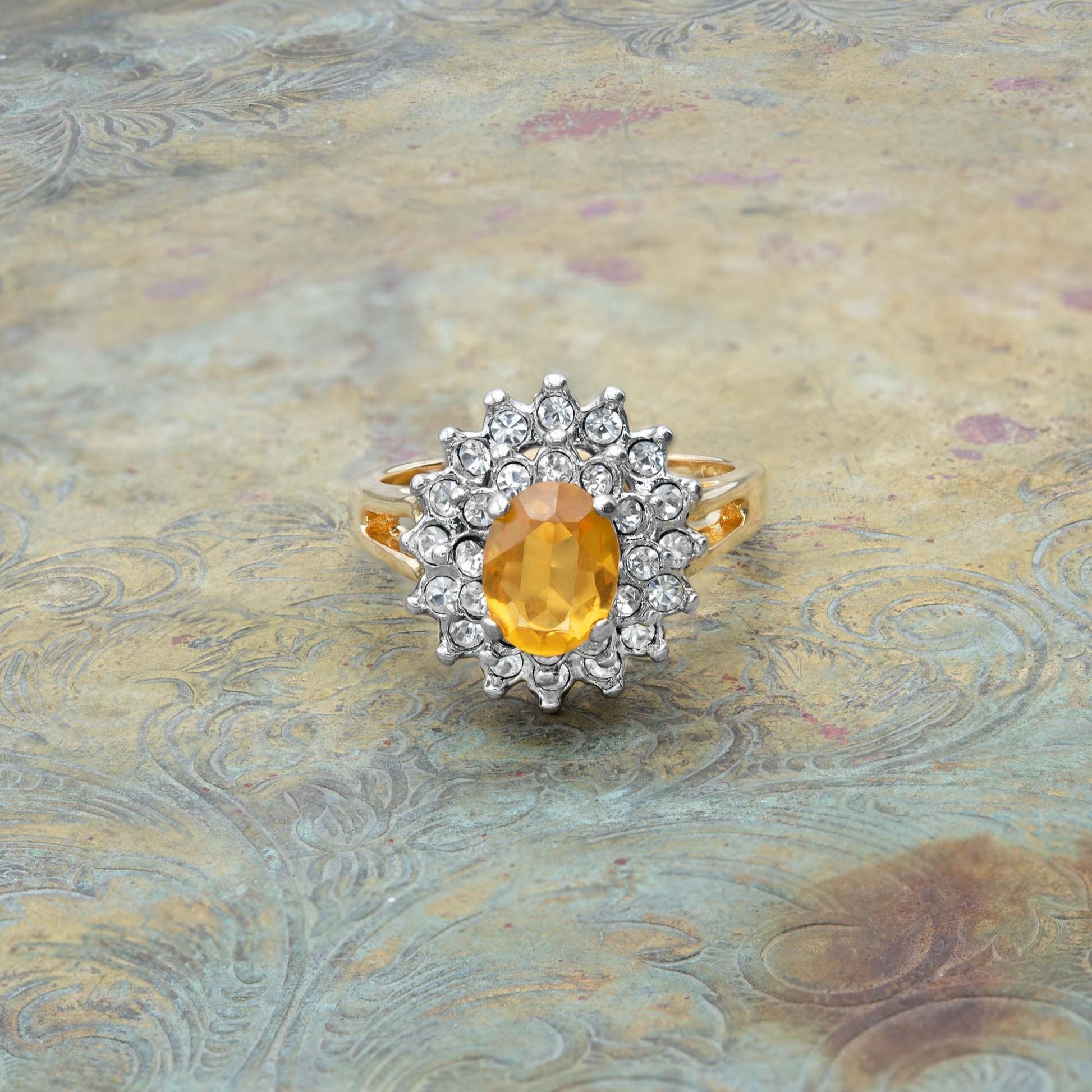 Vintage Ring Light Topaz and Clear Swarovski Crystals 18k Gold Cocktail Ring Antique Topaz Jewelry #R1352 - Limited Stock - Never Worn