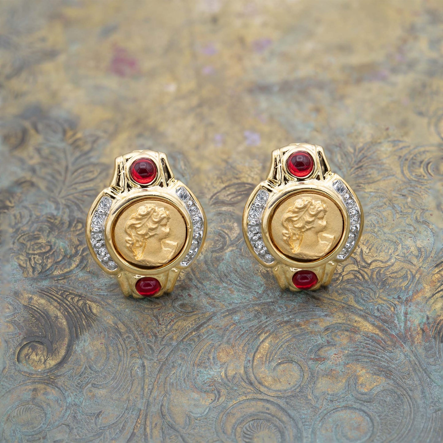 Vintage Antique Gold Earrings Coin with Ruby and Clear Crystals Roman Collectable Cameo Coin Handmade E4089-CY - Limited Stock - Never Worn