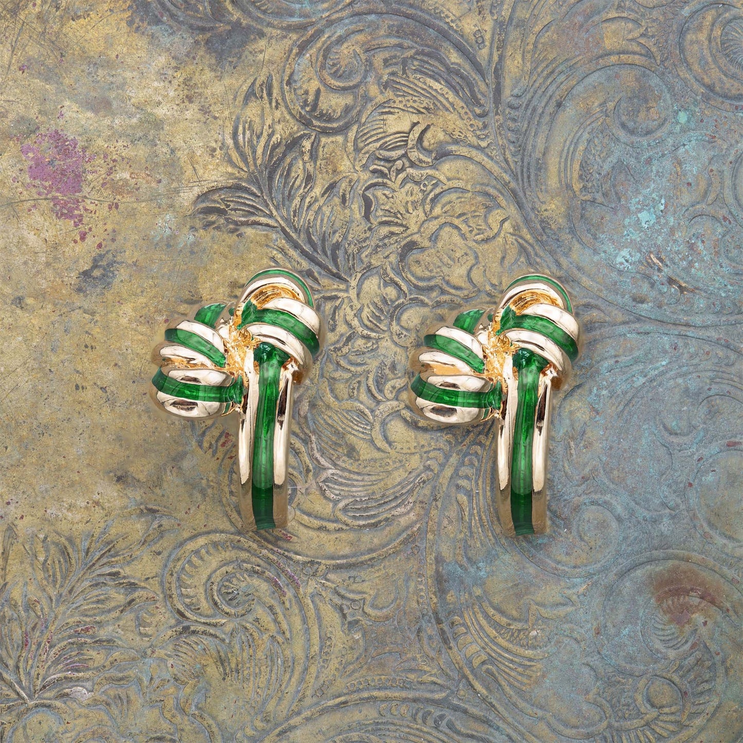 Vintage Mid Century Gold and Green Enamel Post Earrings Handmade Womans Earrings E4186-G - Limited Stock - Never Worn