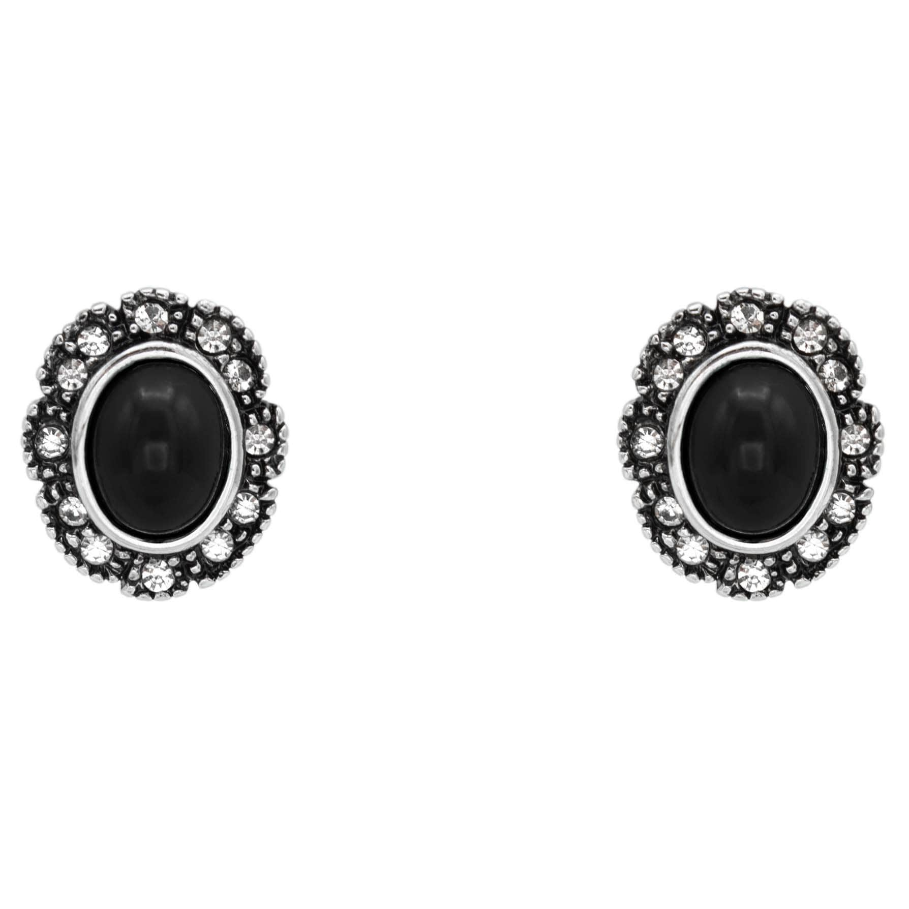 Vintage Black Cabochon And Rhinestone Set Retro Design Clip On Earrings