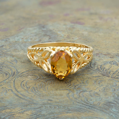 Vintage Light Topaz Swarovski Crystal 18k Gold Filigree Cocktail Ring #R300