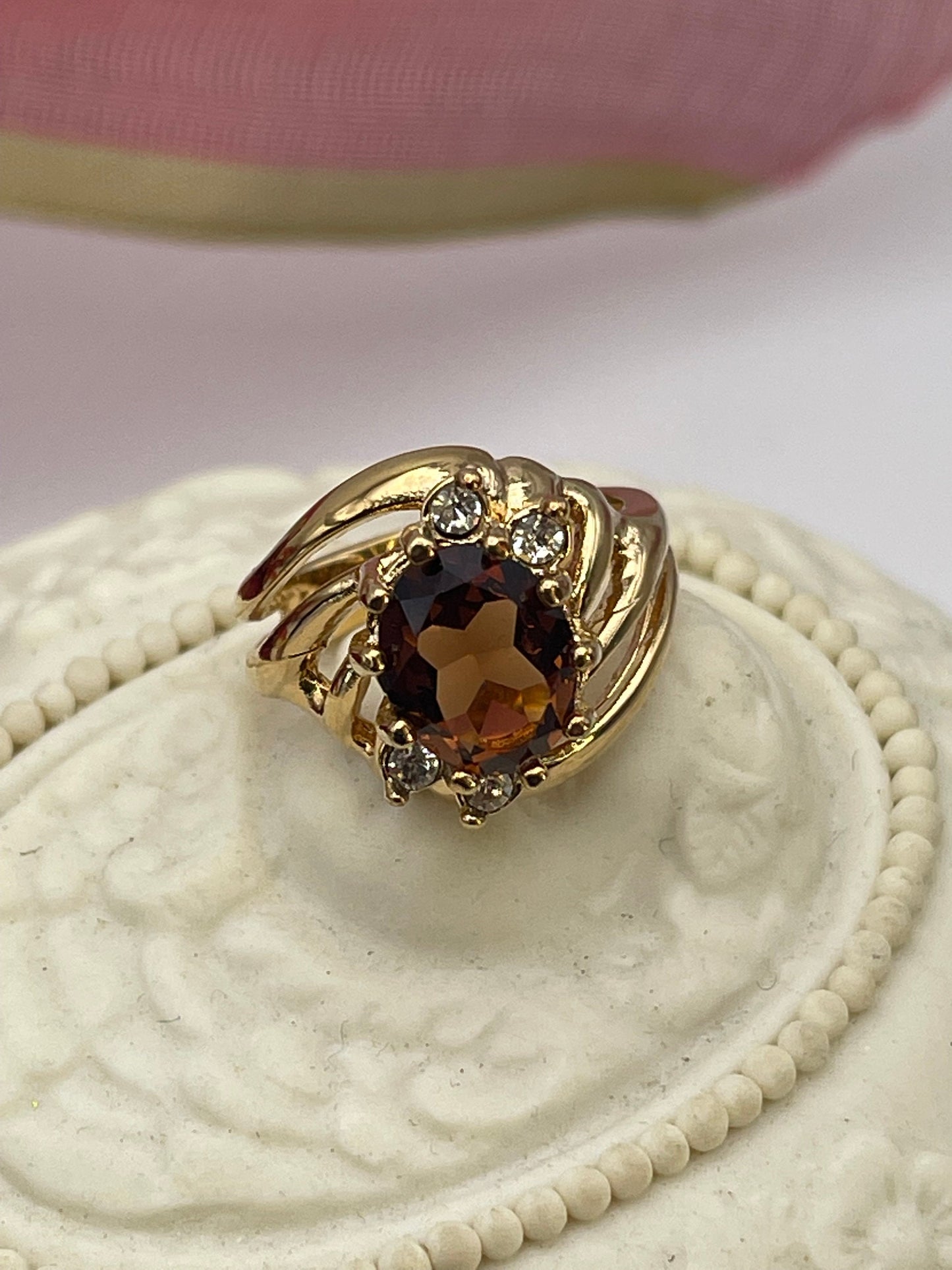 Vintage Ring Smoky Topaz and Clear Swarovski Crystals 18k Gold Band #R1143 - Limited Stock - Never Worn