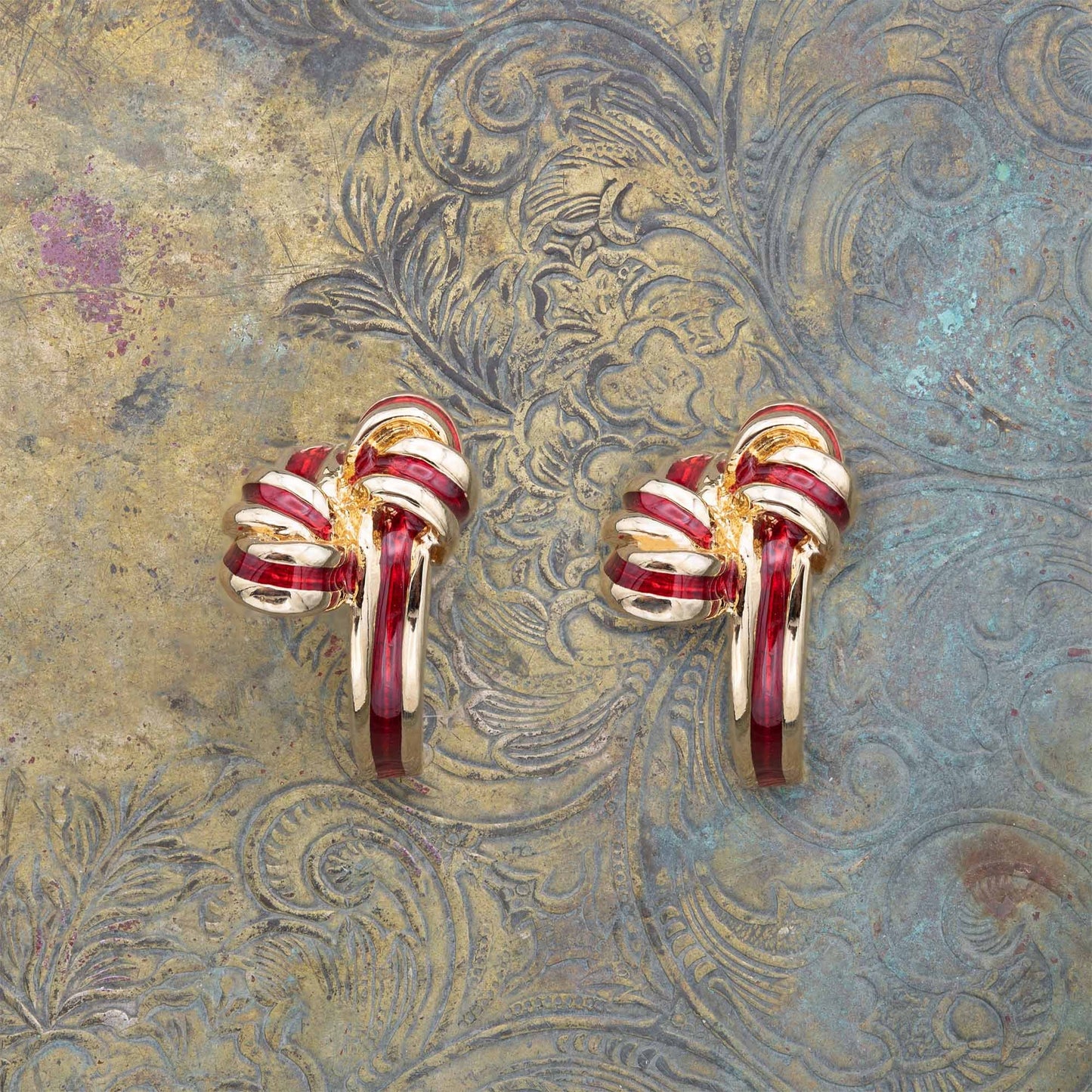 Vintage Mid Century Gold and Red Enamel Post Earrings Antique Womans Jewelry E4186-R - Limited Stock - Never Worn