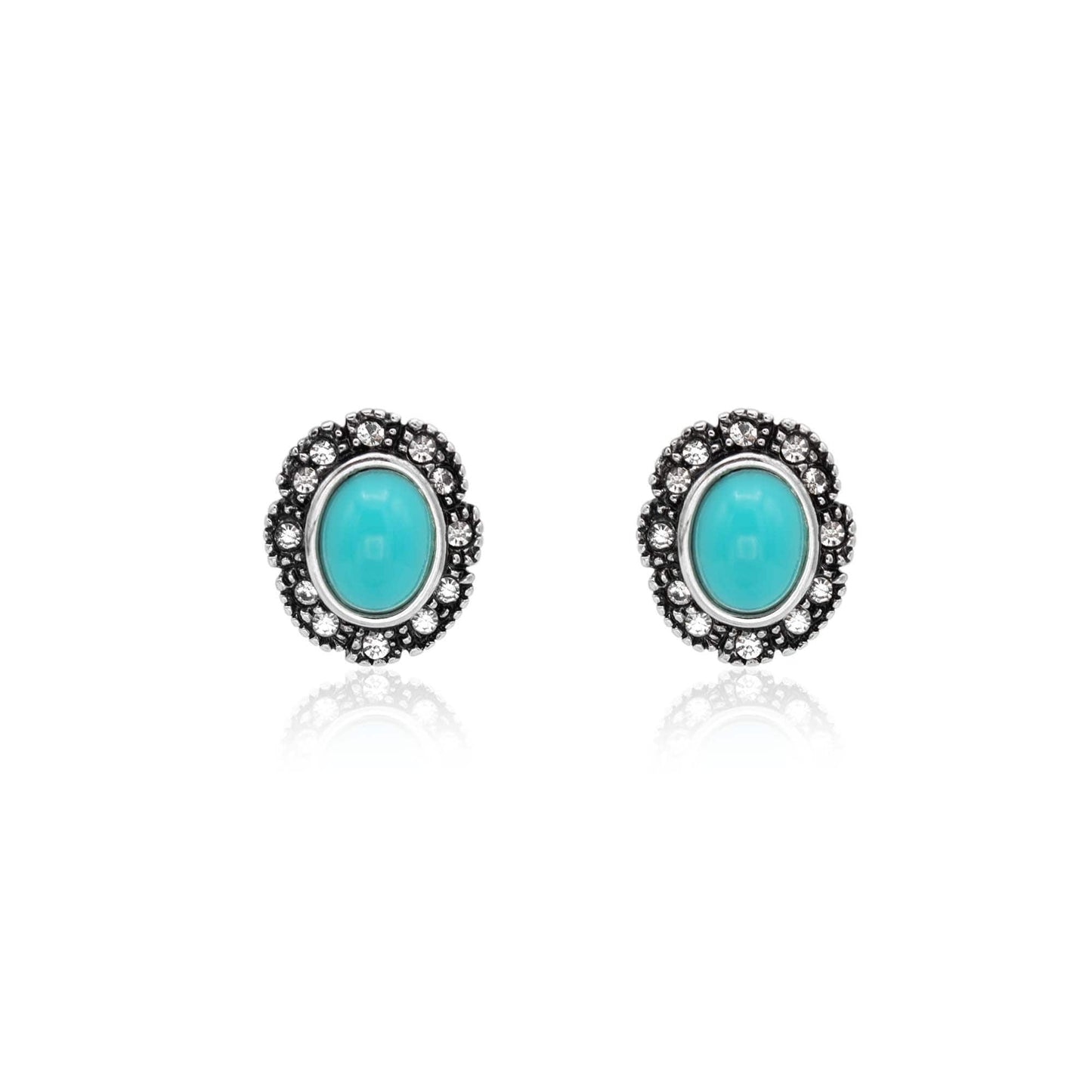 Vintage Turquoise Clear Austrian Crystal Post Earrings Antique White Gold Silver Plated Womans Handmade Jewlery E2425-TQ - Limited Stock