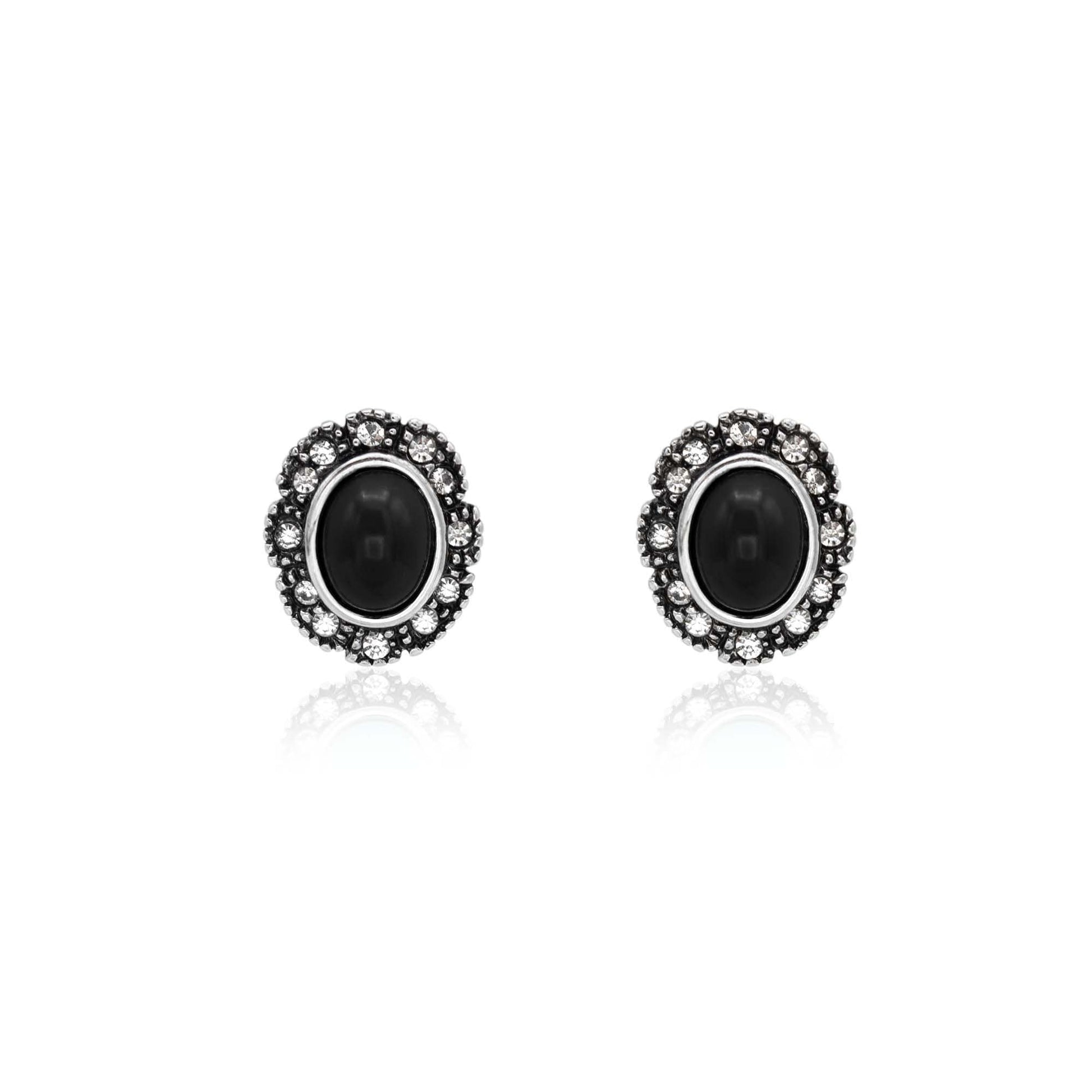 Vintage Black Onyx and Clear Austrian Crystal Post Earrings Antique White Gold Silver Plating Jewelry E2425-OW - Limited Stock - Never Worn