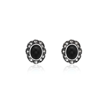 Vintage Black Onyx and Clear Austrian Crystal Post Earrings Antique White Gold Silver Plating Jewelry E2425-OW