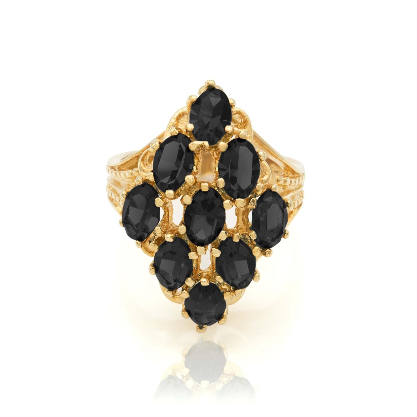 Vintage Ring Jet Black Austrian Crystal Cocktail Ring 18k Gold Antique Womans Jewlery Ornate R284 - Limited Stock - Never Worn